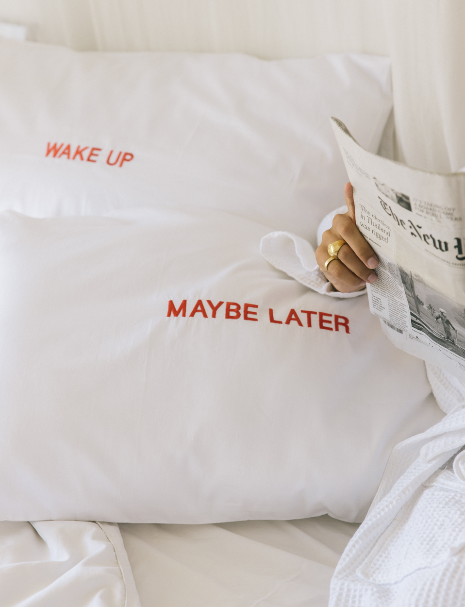 Wake Up - Maybe Later pillowcase set-RED EMBROIDERY-Hôtel Magique