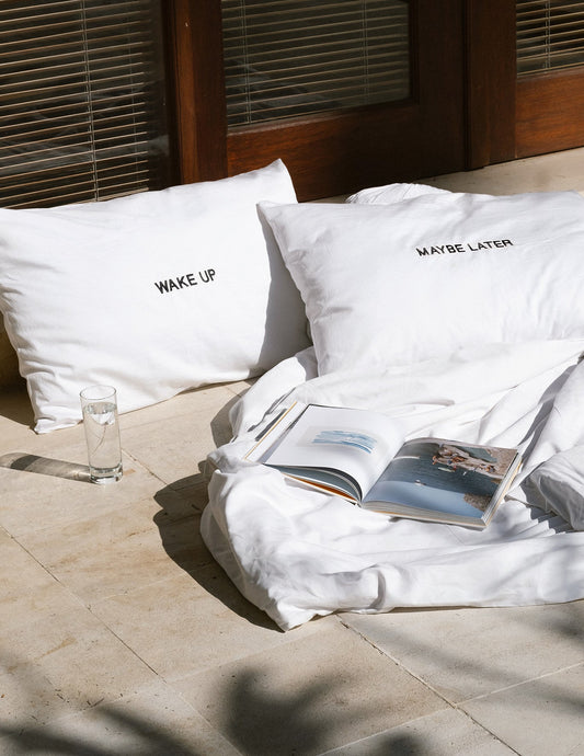 Wake Up - Maybe Later pillowcase set in black-BLACK EMBROIDERY-Hôtel Magique